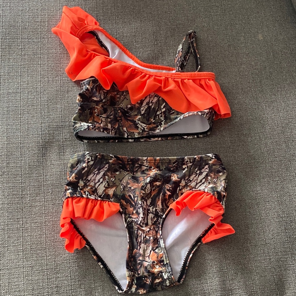 Girls Two-Piece Camo Bikini with Neon Orange Ruffles
